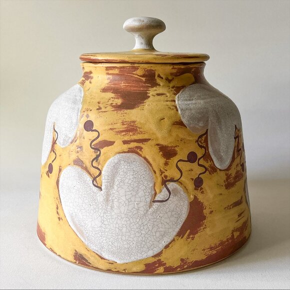 Handmade Art Pottery Ceramic Water Dispenser Crock White Floral on Yellow Signed - Picture 2 of 16